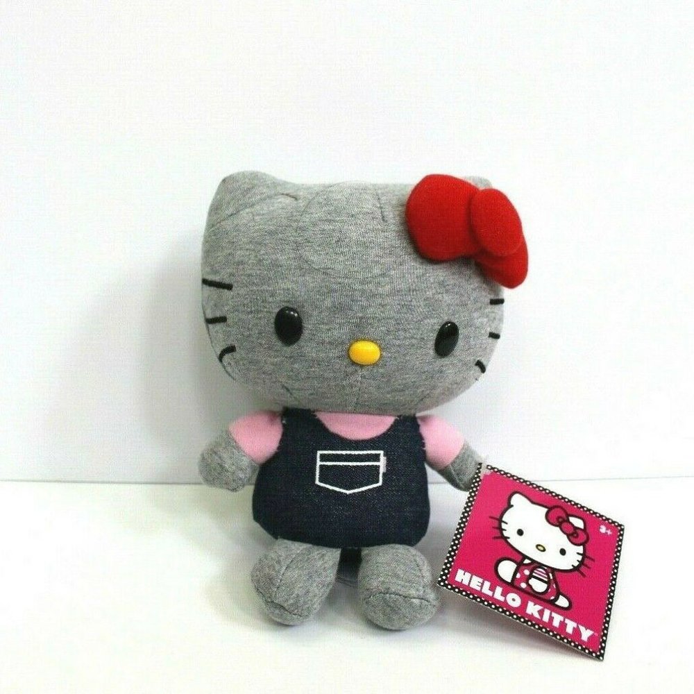 Hello Kitty Gray Plush Stuffed Toy 7" - "Denim" Overalls and Classic Red Bow